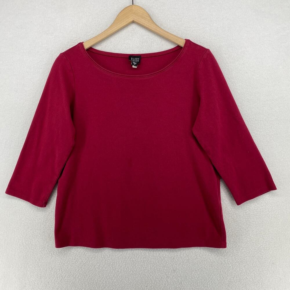 EILEEN FISHER Top M Stretch Cotton Jersey Scoop Neck 3/4 Sleeve Cranberry Red